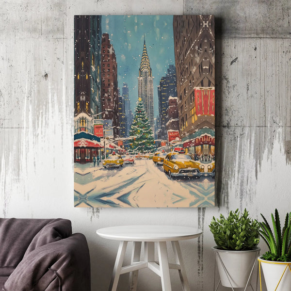 NYC Watercolor Canvas Print, Christmas in New York Canvas Wall Art, Vintage Holiday Cityscape Canvas, Winter City Wall Decor,