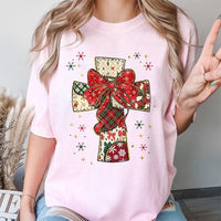 Religious Holiday Cross Shirt, Patchwork Christmas Cross T-Shirt, Christian Faith Christmas Tee, Retro Quilt Graphic T-Shirt, Xmas Present