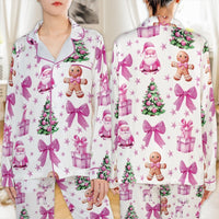 Santa Gingerbread Satin Pajamas, Pink Christmas Pajama Set, Adorable Holiday Sleepwear, Silky Winter Loungewear Set, Pastel Xmas Present for Her