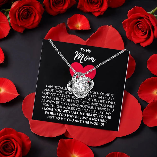 Mother Message Card Necklace, Mom Love Knot Necklace, White Gold Finish CZ Crystal Pendant Necklace, Birthday Christmas Prese