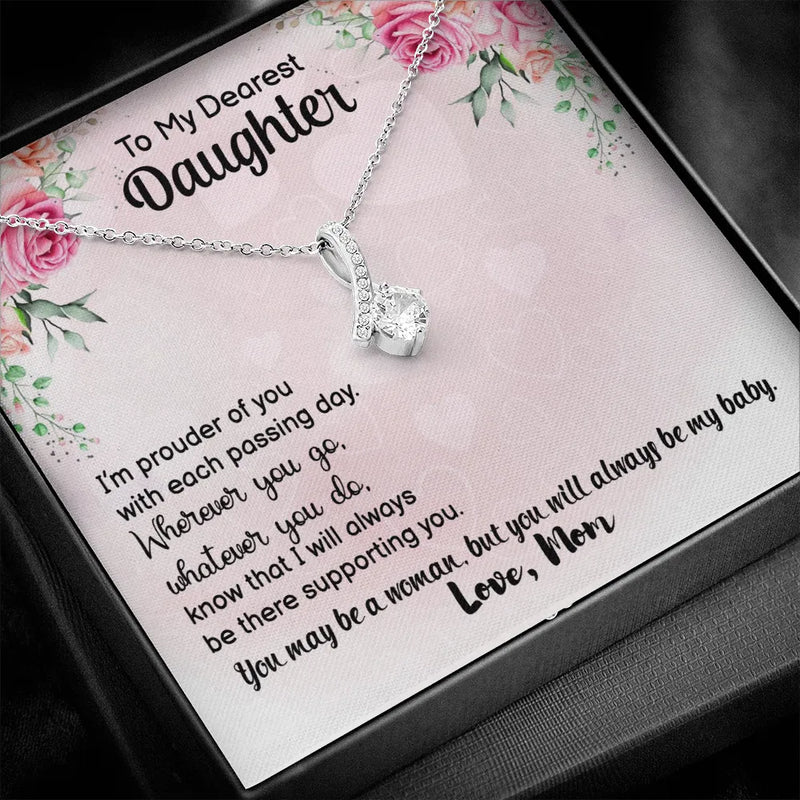 Sparkling Ribbon Pendant Necklace, Daughter Necklace Present from Mom, 14k White Gold Ribbon Pendant, Meaningful Birthday Christmas Present