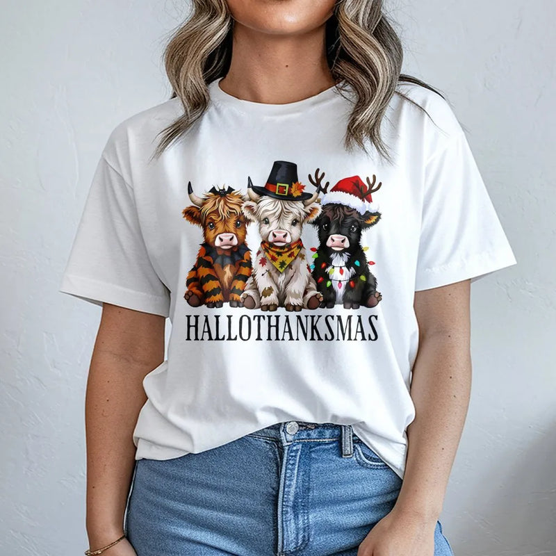 Hallothanksmas Shirt, Highland Cow Christmas T-Shirt, Adorable Holiday Graphic Tee, Farmhouse Country Animal T-Shirt, Western Xmas Present