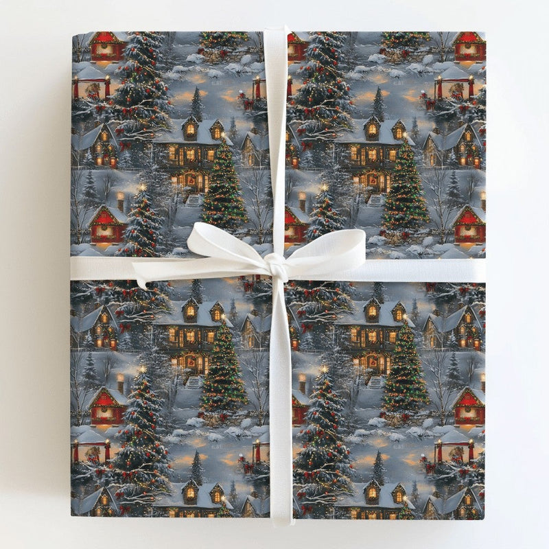 Snowy Winter Town Gift Wrap, Christmas Village Wrapping Paper, Comfy Holiday Wrapping Paper, Xmas Village Gift Wrap, Winter Present Paper
