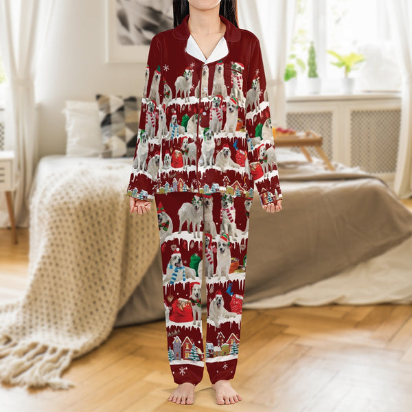 Festive Dog Pajama Set, Christmas Great Pyrenees Pajamas, Holiday Dog Satin Pajamas, Silky Sleepwear Loungewear Set, Dog Love