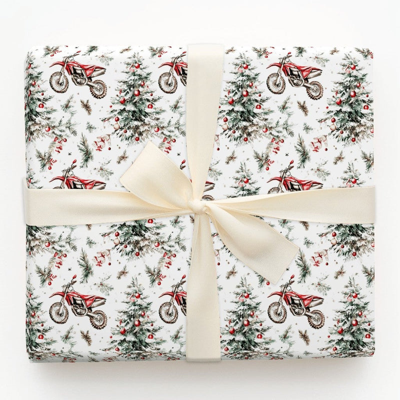 Red Dirt Bike Holiday Gift Wrap, Motocross Christmas Wrapping Paper, Watercolor Motorcycle Wrapping Paper, Winter Biker Xmas Gift Wrap