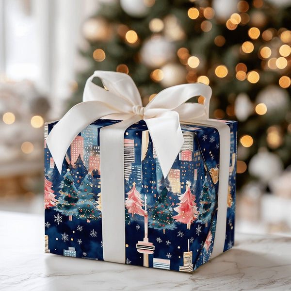 Snowy CN Tower Gift Wrap, Toronto Skyline Christmas Wrapping Paper, Night Cityscape Holiday Gift Wrapping Paper, Canada Winte