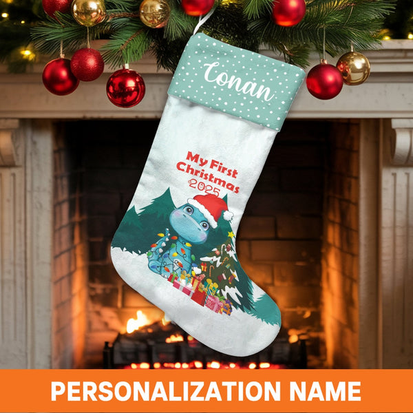 Personalized Dino Stocking, My First Christmas 2025 Baby Dinosaur Stocking, Custom Newborn Holiday Stocking, Baby First Chris