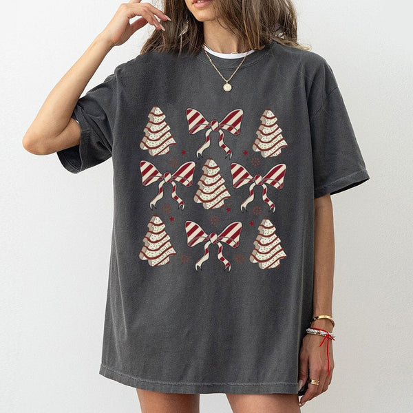 Retro Coquette Bow Graphic Tee, Christmas Tree Cake T-Shirt, Adorable Holiday Tree Cake Shirt, Vintage Pastel Xmas Snack Tee,