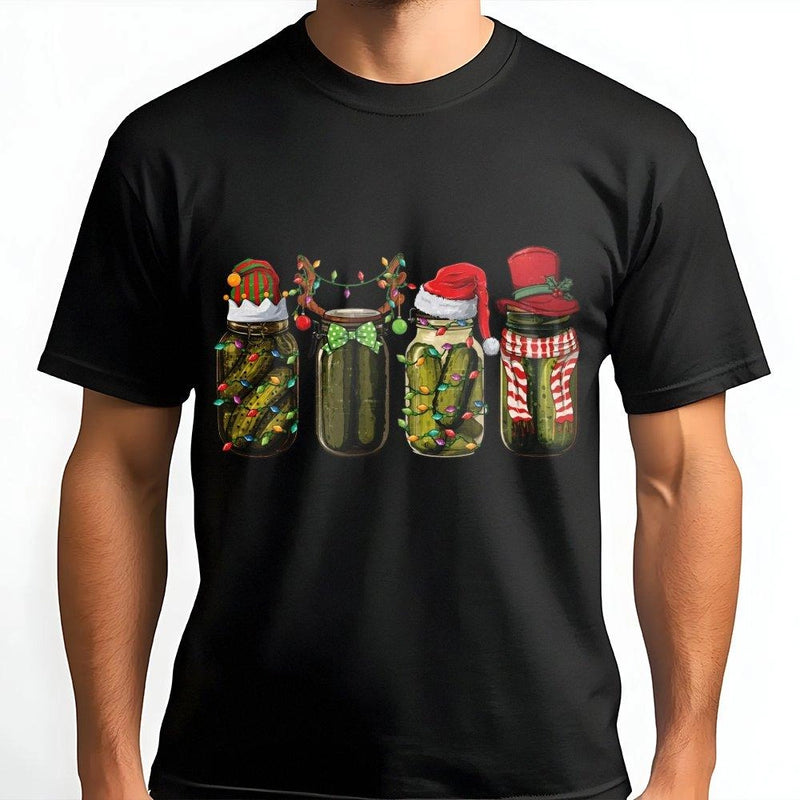 Humorous Holiday Mason Jar Shirt, Christmas Pickle Jar T-Shirt, Festive Foodie Graphic Tee, Adorable Pickle Lover Shirt, Holiday Food Present T-Shirt