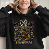 Leopard Bow Holiday Sweatshirt, Camo Christmas Tree Hoodie, Country Xmas Graphic Pullover, Merry Festive Hooded Sweater, Winter Holiday Present