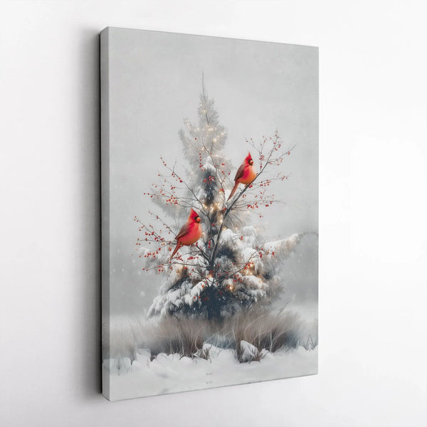 Snowy Christmas Tree Berries Canvas Print, Red Cardinal Winter Wall Art, Holiday Seasonal Decor, Nature Digital Download Canv