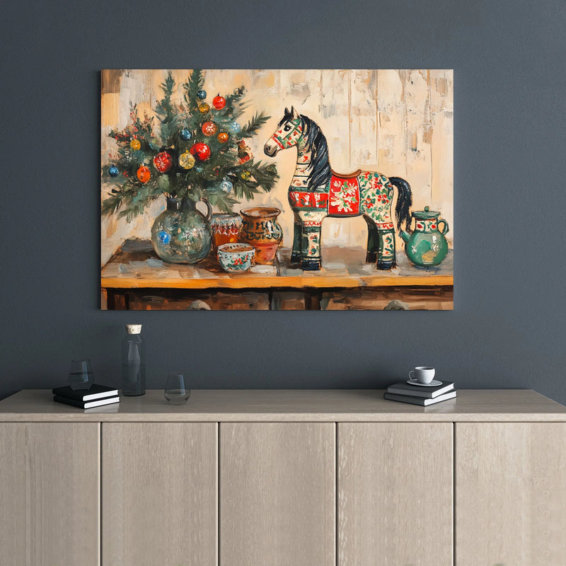 Scandinavian Folk Art Canvas Print, Dala Horse Canvas Wall Art, Nordic Horse Canvas, Festive Christmas Wall Decor, Folk Art Lover Present
