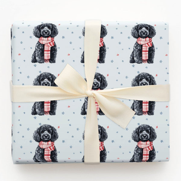 Festive Winter Puppy Gift Wrap, Black Poodle Christmas Wrapping Paper, Holiday Dog Lover Wrapping Paper