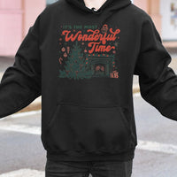 Vintage Tree Fireplace Sweatshirt, Wonderful Time Christmas Hoodie, Comfy Holiday Hooded Pullover, Retro Xmas Sweater, Winter Graphic Present