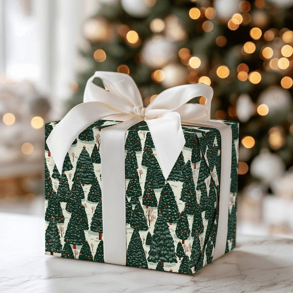Snowy Pine Tree Gift Wrap, Winter Evergreen Forest Christmas Wrapping Paper, Rustic Woodland Wrapping Paper, Holiday Season P