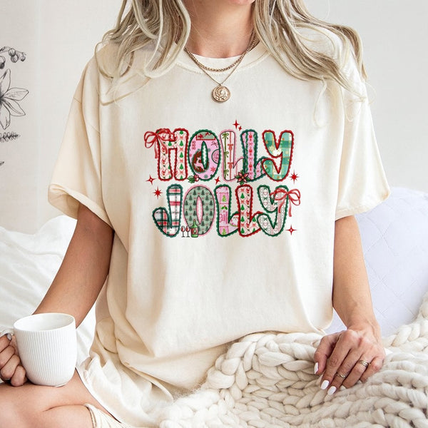 Preppy Bow Holiday Graphic Tee, Holly Jolly Christmas T-Shirt, Adorable Festive Season Xmas Shirt, Vintage Winter T-Shirt Pre