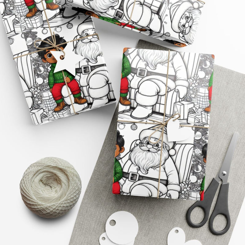 Black Boy and Santa Gift Wrap, Color Your Own Christmas Wrapping Paper, DIY Holiday Coloring Wrapping Paper, Kids Christmas Wrapping Paper