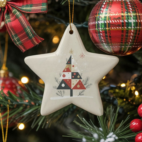 Mid-Century Modern Star Ornament, Geometric Christmas Tree Star Ornament, Ceramic Holiday Star Ornament, Retro Festive Tree D