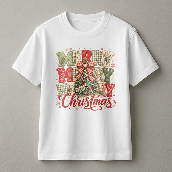 Patchwork Christmas Shirt, Merry Christmas Tree Shirt, Vintage Holiday Graphic Tee, Festive Christmas T-Shirt, Christmas Pres