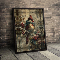Whimsical Snowy Holly Branch Painting, Winter Cardinal Bird Canvas Wall Art, Comfy Christmas Bird Print, Digital Download Printable Decor