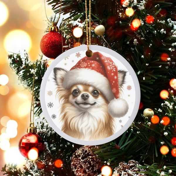 Santa Hat Chihuahua Dog Ornament, Long Haired Chihuahua Christmas Ornament, Chihuahua Ceramic Holiday Tree Ornament, Dog Love