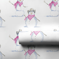 Western Holiday Gift Wrap, Cowboy Snowman Wrapping Paper, Watercolor Pink Bandana Snowman Wrapping Paper, Rustic Country Christmas Wrap