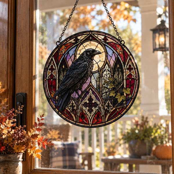 The Raven Sits Still - Gothic Stained-Glass Round Window Hanging - main