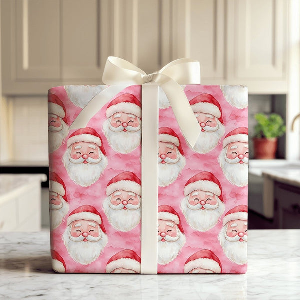 Watercolor Santa Face Gift Wrap, Pink Santa Claus Wrapping Paper, Pastel Pink Christmas Wrapping Paper, Adorable Holiday Sant
