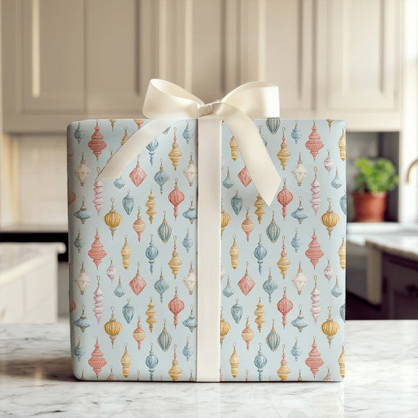 Powder Blue Christmas Gift Wrap, Vintage Ornament Wrapping Paper, Watercolor Holiday Wrapping Paper, Antique Ornament Gift Wr