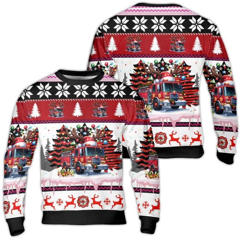 Fire Truck Holiday Sweatshirt, Firefighter Christmas Ugly Sweater, Reindeer Antlers Ugly Sweater, Festive Fireman Ugly Christmas Sweater