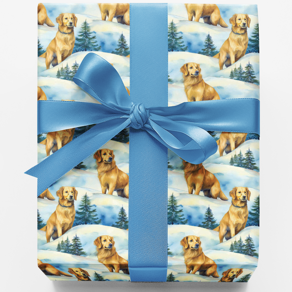 Snowy Forest Dog Wrapping Paper, Golden Retriever Christmas Wrapping Paper, Winter Puppy Gift Wrap, Holiday Present Paper for