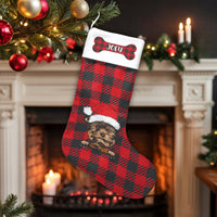 Red Buffalo Plaid Dog Stocking, Personalized Yorkie Christmas Stocking, Custom Pet Holiday Stocking, Velboa Mantel Decor, Dog Lover Present