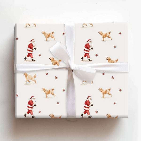 Christmas Santa Dog Gift Wrap, Golden Retriever Wrapping Paper, Watercolor Holiday Present Wrapping Paper, Adorable Puppy Xma