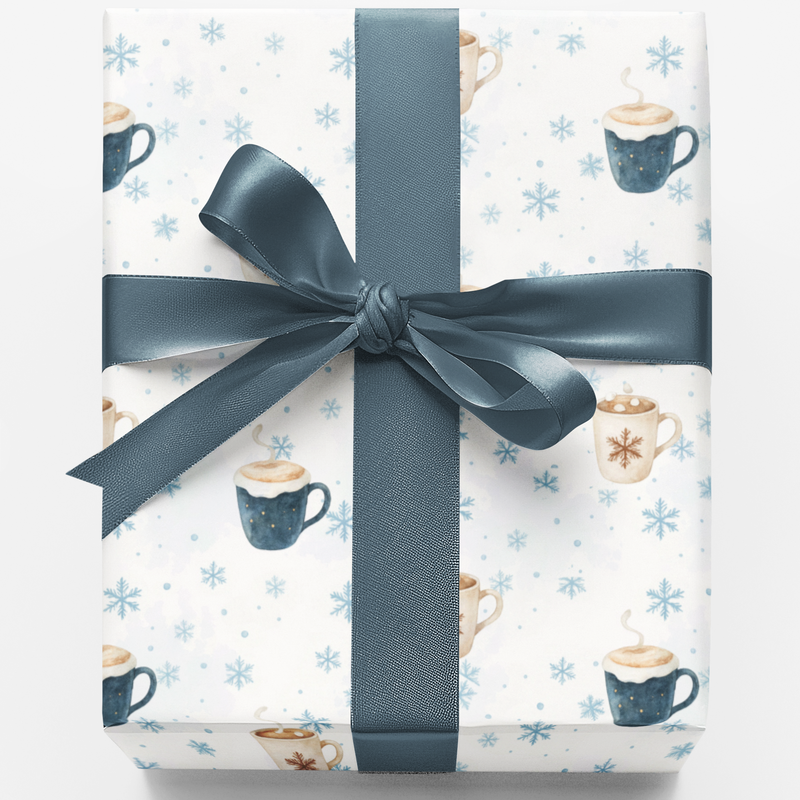 Winter Snowflake Gift Wrap, Hot Cocoa Mug Wrapping Paper, Comfy Coffee Lover Present Paper, Christmas Gift Wrap Roll