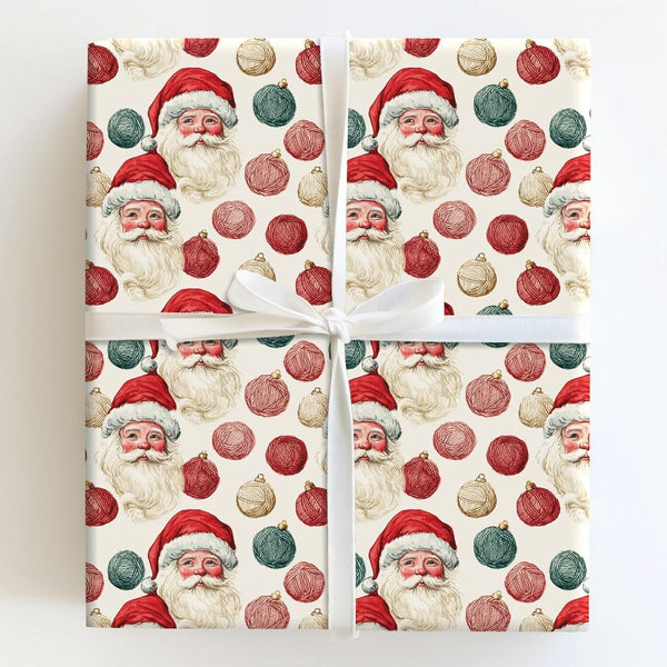 Yarn Ball Ornament Holiday Gift Wrap Roll, Retro Santa Christmas Wrapping Paper, Vintage Santa Claus Present Paper, Xmas Gift