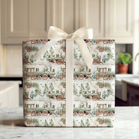 Snowy Pine Tree Holiday Gift Wrap Roll, Vintage Green Train Christmas Wrapping Paper, Retro Winter Present Paper, Kids Xmas Gift Wrap