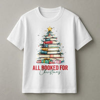 Book Stack Tree Graphic Tee, All Booked for Christmas Shirt, Holiday Bookish T-Shirt, Librarian Christmas Tee, Book Lover Holiday Shirt