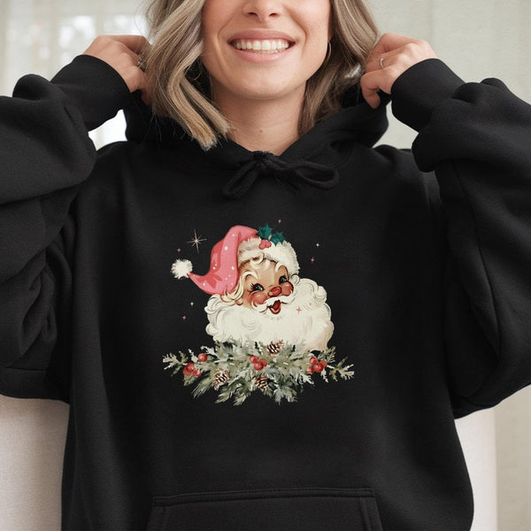 Retro Christmas Graphic Hooded Sweatshirt, Vintage Santa Hoodie, Nostalgic Santa Claus Holiday Pullover, Comfy Winter Xmas Sw