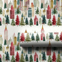 Watercolor Urban Holiday Gift Wrap, Christmas City Skyline Wrapping Paper, Cityscape Tree Gift Wrapping Paper, Festive Roll Wrapping Paper