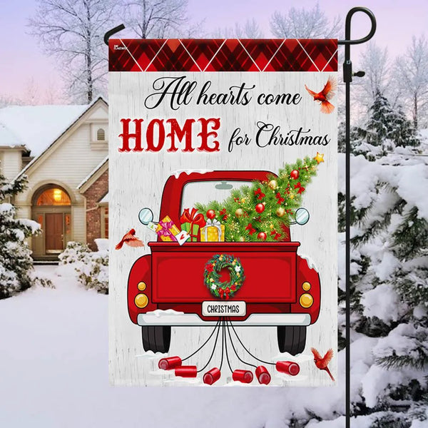 Red Vintage Truck Wreath Flag, All Hearts Come Home for Christmas Garden Flag, Double Sided Holiday Yard Flag, Farmhouse Xmas