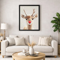 Adorable Winter Animal Portrait Canvas Print, Red Nosed Reindeer Christmas Holiday Canvas Wall Art, Festive Xmas Deer Canvas Art, Home Decor