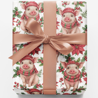 Adorable Winter Pig Holiday Gift Wrap, Christmas Piglet Wrapping Paper, Farmhouse Xmas Wrapping Paper Roll