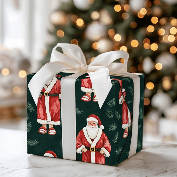 Dark Green Pine Holiday Gift Wrap, Watercolor Santa Claus Wrapping Paper, Vintage Christmas Wrapping Paper, Festive Winter Se