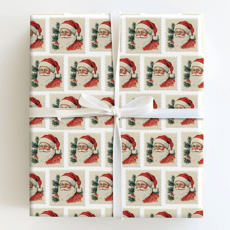 Retro Christmas Wrapping Paper, Vintage Santa Postage Stamp Wrapping Paper, Nostalgic Holiday Gift Wrapping Paper, Classic Xmas Gift Wrap