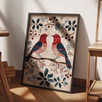 Folk Art Tapestry Print, Vintage Winter Birds Poster, Rustic Snowflakes Bird Wall Art, Scandinavian Christmas Decor