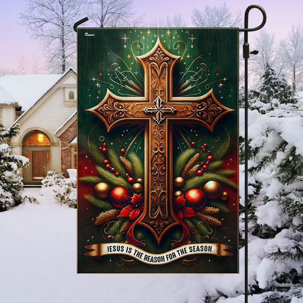 Ornate Cross Yard Flag, Jesus Is the Reason for the Season Christmas Garden Flag, Double-Sided Christian Holiday Lawn Flag