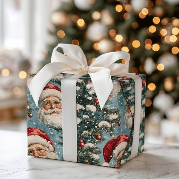 Christmas Tree Gift Wrap, Vintage Santa Wrapping Paper, Nostalgic Holiday Wrapping Paper, Retro Xmas Paper, Winter Gift Wrap 