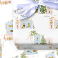 Tropical Village Wrapping Paper, Coastal Christmas Wrapping Paper, Watercolor Beach House Gift Wrap, Pastel Coastal Town Wrapping Paper