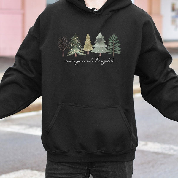 Watercolor Xmas Tree Hoodie, Merry and Bright Christmas Tree Hoodie, Minimalist Holiday Hoodie, Comfy Winter Graphic Hooded S