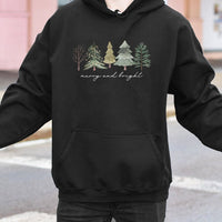 Watercolor Xmas Tree Hoodie, Merry and Bright Christmas Tree Hoodie, Minimalist Holiday Hoodie, Comfy Winter Graphic Hooded Sweatshirt
